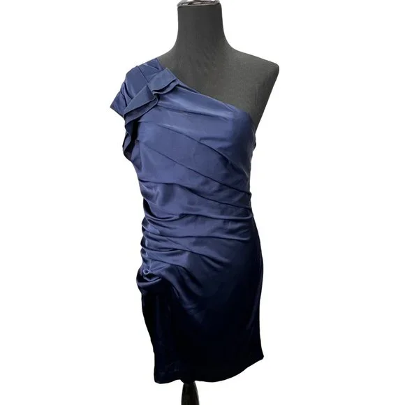 Express Blue Satin Dress size 10 Tiered One Shoulder Short Navy Ruffle